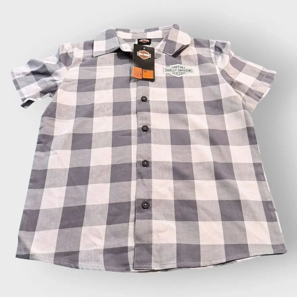 Harley-Davidson Boys B&S Short Sleeve Plaid Gray Flannel Shop Shirt size 4/5T